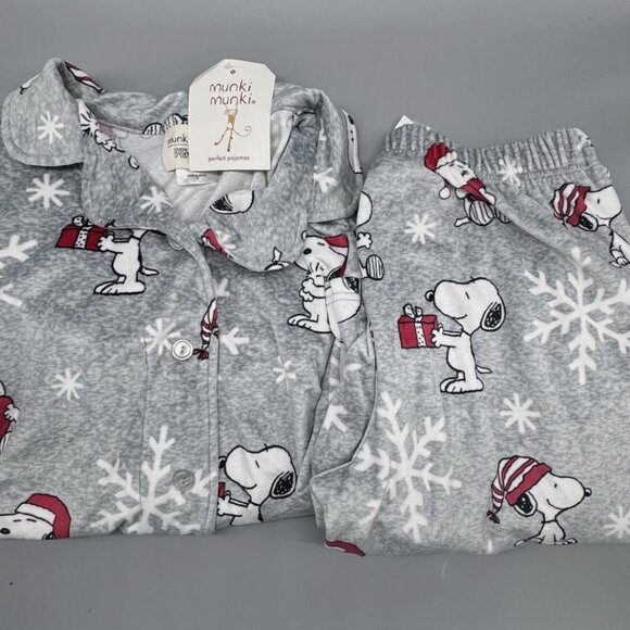 2pc Munki Christmas Snoopy Snowflakes Womens Pajama Lounge Set Velour Soft LARGE - Picture 1 of 9